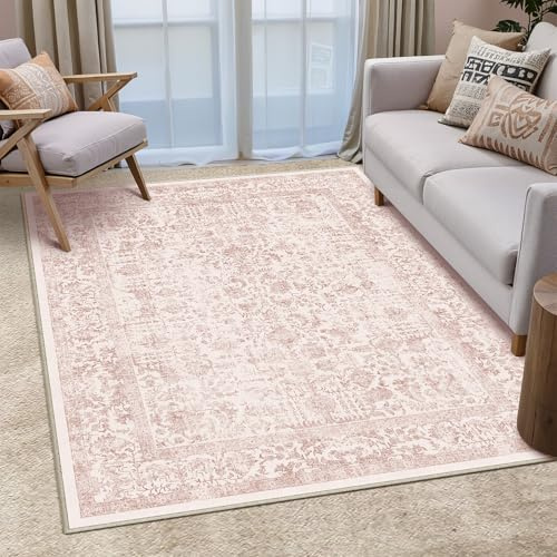 HUGEAR Vintage Vardagsrum Matta 150x210cm Rosa Tvättbar Stor Mattor | Halkfri,Sovrumsmatta Rug,Sovrum,Kort Lugg Carpet,Matsal Rugs,Kontor Carpet,Barnrum,Inomhusbruk Golvmatta