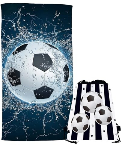 SYTTNUM Telo da Spiaggia Dei Calcio, Tasca del Pacchetto di Motivi di Calcio, Asciugamano Stampa a Tema di Calcio, Combinazione Tasca Calcio, Teli da Mare per Piscina, Spiaggia, Campeggio, Picnic
