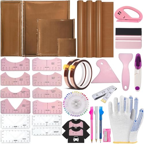 QUKLOGEN Heat Press Pillow Bundle Tools Kit Include 4 Heat Pressing Transfer Pillow Mat 3 Pack Teflon Sheet for Heat Press 2 Rolls Heat Resistant Tape 12 Different Size T Shirt Guide Ruler