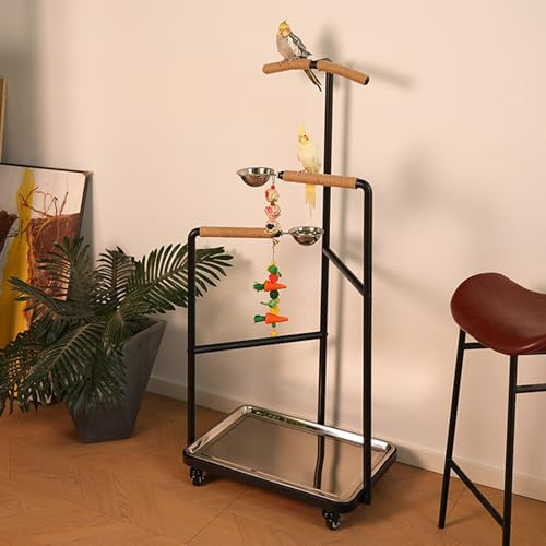 Soporte grande de metal para pájaros con ruedas extraíbles y cuencos de alimentación para enriquecimiento y movilidad de loros