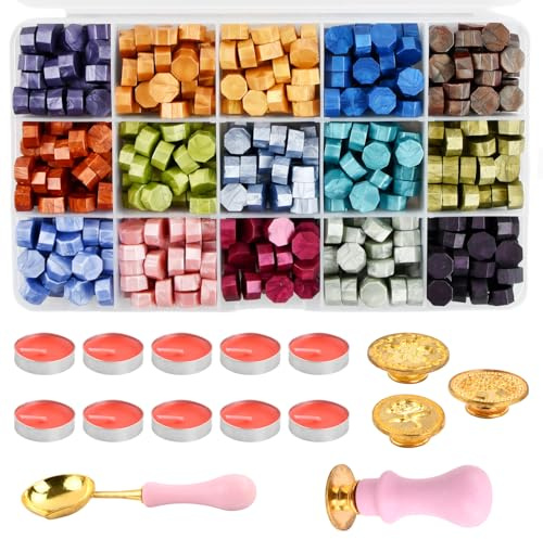 Kit de Cire à Cacheter, 15 Couleurs, Environ 375 Pièces Sceau cire, 3 Tampon en Métal, Cuillère, 10 Tampon à Cire, pour Invitations de Mariage, Enveloppes, Cartes, Coffrets Cadeaux