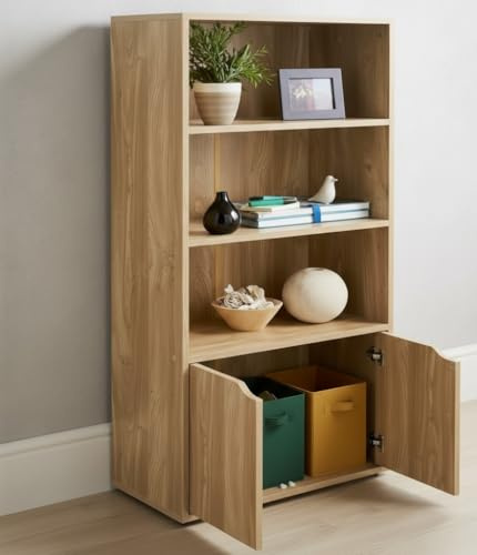 DEENZ 3 Open Adjustable Shelf Tier Bookcase Solid Oak Wood Finish Cupboard 2 Doors Cabinet Display Home Decor Storage Unit Modern Lines Cube Rack Furniture Floor Mount Heavy Duty 120 X 58 X 29 Cm