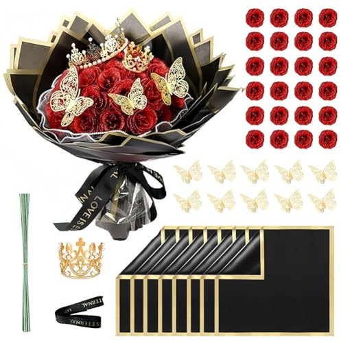DASIAUTOEM 24 rosas rojas con purpurina, ramo de rosas con purpurina para San Valentín, ramo de rosas artificiales con corona, regalos para Navidad, cumpleaños, aniversario, boda, día de la madre