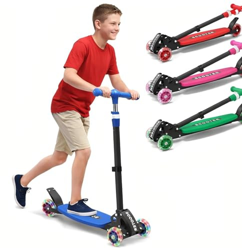 3 Wheel Kids Kick Scooter for Ages 3-12, Lean-to-Steer, Light-Up Wheels, 3-Level Adjustable Handlebar 27.5”-33”, Wide Non-Slip Deck, Dual Rear Brake,Travel Foldable, for Boys & Girls Toy Gifts,Blue