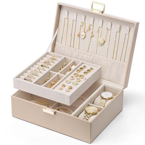 VLANDO Caja de Joyería 2 Capas Grande, Almacenamiento de Joyas, para Mujeres, Niñas, Bandeja Desmontable para Anillos, Pendientes, Collares, Regalo para Mujeres (Color café-con Reloj)