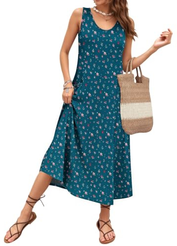 AUSELILY Vestido de Verano Mujer sin Mangas Corte en A Largo Maxi con Cuello en U con Bolsillo Flor roja y verde2XL