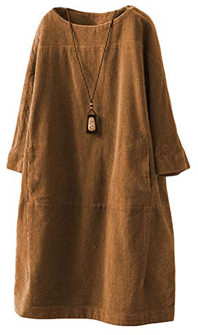 FTCayanz Women's Cotton Tunic Dress Corduroy Vintage Long Sleeve Casual Dresses Yellow XX-Large