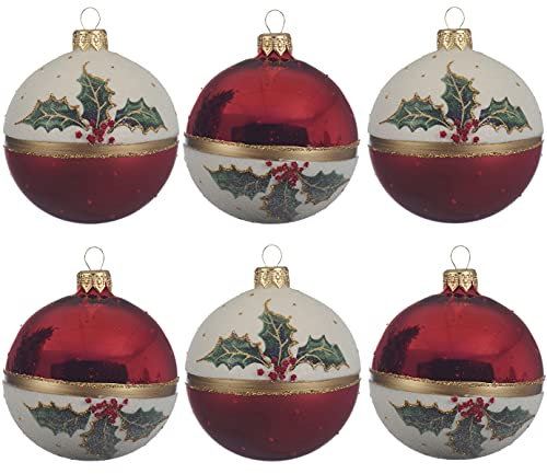 Decoris Weihnachtskugeln Glas 8cm x 6 Stück mit Motiven Mistelzweige mundgeblasen handbemalt rot weiß
