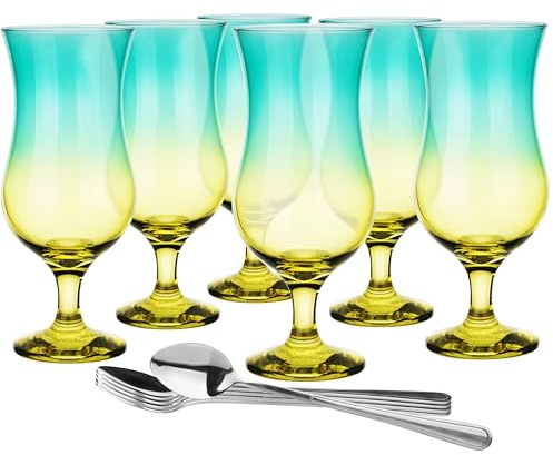 Glasmark KROSNO 1992 Juego De 6 Vasos Alto Para Cócteles 420 ml Transparentes Copas De Vidrio Para Agua Succo Cerveza Long Drink Amarillo Turquesa Con Cucharillas