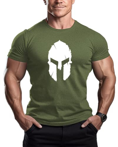 ReedCA Spartan Helmet - Mens Bodybuilding T-Shirt - Gym Training Top Fitness, Green, Large