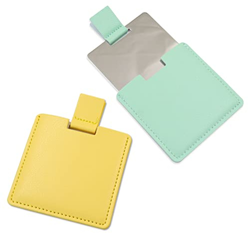 Lot de 2 miroirs compacts incassables en Acier Inoxydable pour Sac à Main, Miroir de Voyage incassable avec étui en Cuir synthétique, Miroir de Rasage pour Homme et Femme, Maquillage (Vert et Jaune)