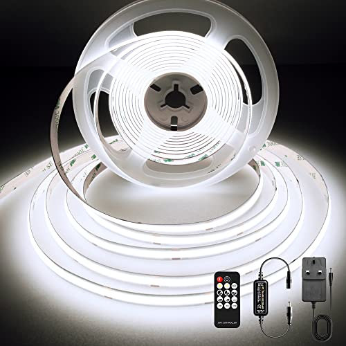 BERIXDEEP COB LED Strip Cool White 5m, 480LEDs/M, High Bright 8mm LED Tape with Remote and Power Supply, DC24V, CRI>92, Dotless LED Strip Lights for Backlights on TV, Cupboards, Mirror