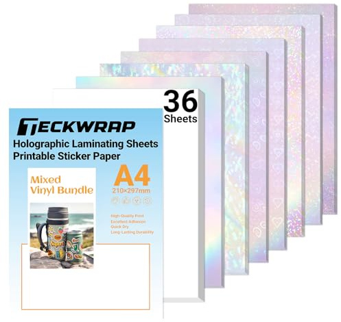 TECKWRAP Holographic Sticker Paper Clear Overlay Lamination Vinyl Matte White Inkjet Printable Vinyl A4 210mm x 297mm 36 Sheets/Pack Laminate Sticker Film for Craft, Scrapbooking, Craft Cutters