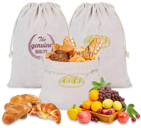 beifon 3 Stück Brotbeutel Leinen Aufbewahrung Frischhalten, 30x40cm Bäckerleinen mit Kordelzug Brotsack Brottasche Wiederverwendbar Brot Backen Zubehör Leinenbeutel für Brot,Baguette,Obst,Gemüse