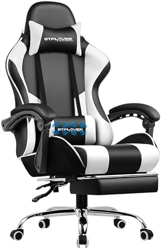 GTPLAYER Spelstol massage ergonomisk datorstol med fotstöd och ländryggsstöd justerbar spelstol med 360° svängbart säte och nackstöd för kontor vit