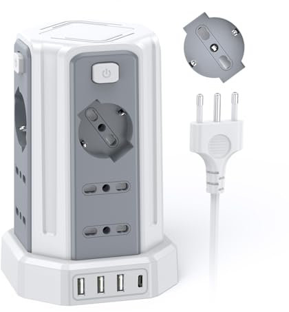 Ciabatta Elettrica Multipresa 3 metro con 12 Prese Universali 10/16A ITA e Schuko e 3 USB A+1 USB C protezione Sovratensione con 4 interruttori indipendenti, Bianco
