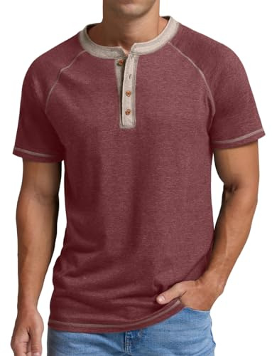 Sailwind Herr Henley T-shirt bomull klassisk farfar t-shirt sommar kortärmad löpning män toppar, Röd brokig, M