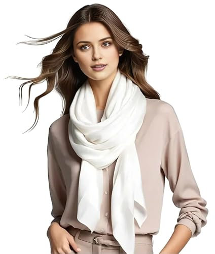 LA FERANI Damen Seidenschal 100% Seide weiß Halstuch Schal Uni Farbe 180x90cm Seidentuch für Anzug formelle Anlässe Stola Business Style Geschenk für Sie (Weiß)