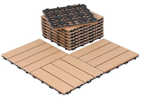 Fiqops 66 stycken WPC-plattor, 30 x 30 cm WPC terrassplattor, trädgårdskakel med klicksystem, terrassbrädor, balkongplattor, klickplattor, terrassbrädor, vattentäta för terrass, för 6 m², teak
