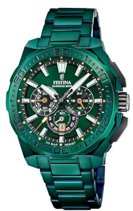 Festina Herrenuhr Analog - Edelstahl 316L Grün - Quarzwerk - Chronograph - Datum - Gehärtetes Mineralglas - Wasserdicht 20 ATM - F20730/1 Chrono Bike