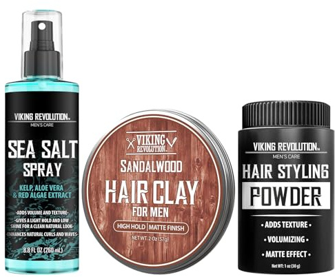 Viking Revolution Sea Salt Spray for Hair Men (8fl oz), Matte Sandalwood Hair Clay (2 oz) and Hair Styling Powder for Men (1oz) - Men Hair Styling Kit - The Ultimate Trio for Texture, Volume, and Hold