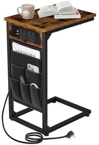 AMHANCIBLE C-Shaped Side Table, Sofa Table with Charging Station, 2 USB & 2 AC Outlets, Bedside Table with Cloth Storage Bag, End Table for Small Spaces, Coffee Table for Living Room, Brown HET04CBR-1