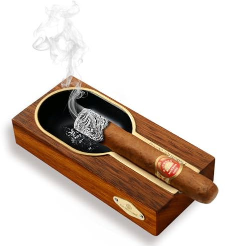 Posacenere per sigari in legno e lega, grande porta sigari, accessori per sigari per esterni e interni, posacenere con supporto per sigari in lega (nero marrone)