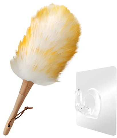 Arrderly - 1 Petit Plumeau à Poussière en Laine Douce - Poignée en Bois avec Corde de Suspension - Lavable - Multi-Usages pour Meubles, Intérieur de Voiture et Bureau