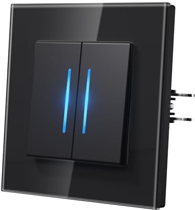 MVAVA Interruttore della luce da incasso, interruttore della luce con strisce luminose blu, moderno interruttore in vetro, facile da montare, 86 mm x 86 mm, 2 scomparti, 1 via, nero