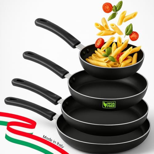 BAKAJI Set 4 Padelle Vulcano Diametro 16-20 - 24-28 cm Made in Italy, Rivestimento Antiaderente PFOA Free, Cottura Omogenea, Manico Atermico Cool e Soft Touch, Ideale per Fornelli a Gas