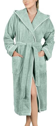 LAYNENBURG Bademantel Damen Frottee - Kapuze - Lang - 100% Baumwolle (360g/m2) - OEKO TEX Standard 100 - Größe (M, Eukalyptus)