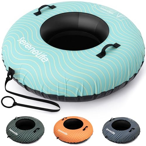 SereneLife Tube 112/122 cm – Aufblasbarer Schneereifen mit Griffen und Schleppleine XXL Rodelreifen für Kinder und Erwachsene – rutschfeste Hartboden-Schale – Perfekt für Schneespaß im Winter