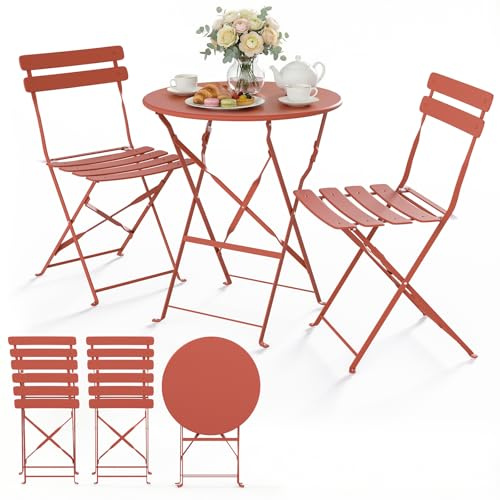 VOUNOT® Conjunto de 1 Mesa y 2 Sillas Plegables de Metal Set de Bistro Compacto Resistente a Intemperie y UV Juego de Muebles de Jardín 3 Piezas para Balcón Jardín Terraza Patio Exterior Rojo Ladrillo