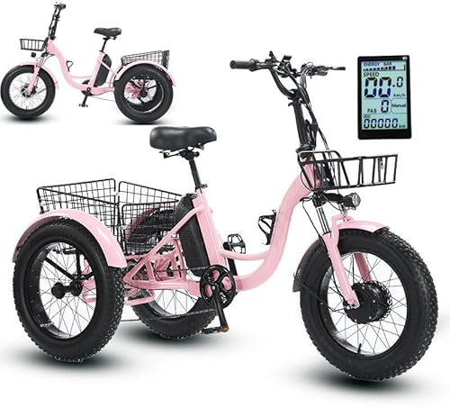 Triciclo elettrico da 20 pollici con pneumatici spessi/display LCD/sedile regolabile, ruota da neve per triciclo con supporto per pedali e power bank mobile, autonomia: 30-40 km, carico massimo: 150