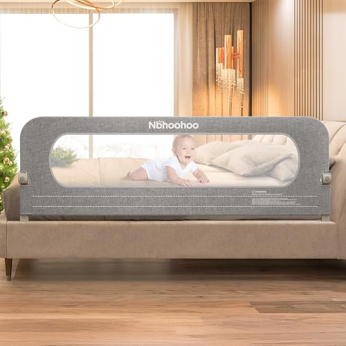 NBHOOHOO Bed Rail for Toddlers – 71 Swing Down Bed Guard with Double Crossbar Stability, Gap-Free Foldable Baby Bed Rail for Queen King Full Twin Size Beds, Quick No-Tool Install, Gray