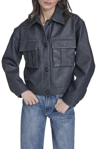 Levi's Women's Button Closure Shacket with Chest Pockets, Denim Look Faux Leather, Medium