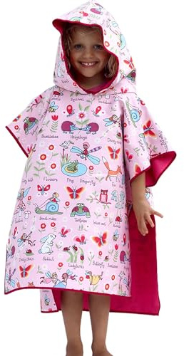 Tyrrell Katz Kids Secret Garden Hooded Poncho Towel, Pink, Microfibre, Quick Dry, Beach Swim Bath Changing Robe for Boys & Girls, Age 2-6