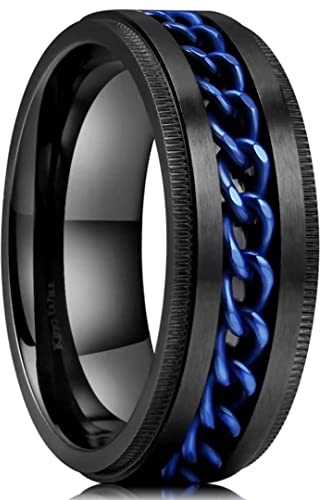 King Will Stainless Steel Men's Ring-8mm Black Fidget Spinner Ring with Blue Chain, 316L Stainless Steel Ring for Men Women with Stress Free, Cool Wedding Band Comfort Fit Size 9