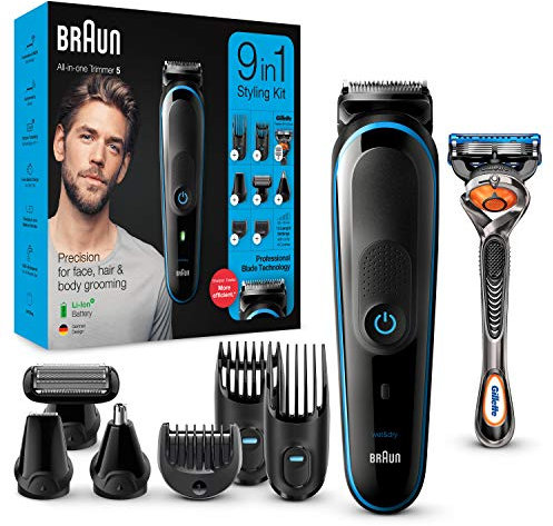 Braun Barttrimmer/Haarschneider Herren, Trimmer/Haarschneidemaschine & Rasierer, 9-in-1 Set für Bart, Gesicht, Kopf, Körper, Ohren und Nase, MGK5280, schwarz/blau