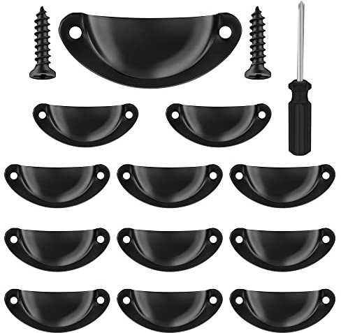 Vandicka 12 Stück Traditionelle Halbrunde Muschelgriffe für Schrank, Kommode, Kleiderschrank, Schublade, mit Schrauben und Schraubendreher, 8,1 cm Lang (Lochmitte 6,5 cm), Schwarz