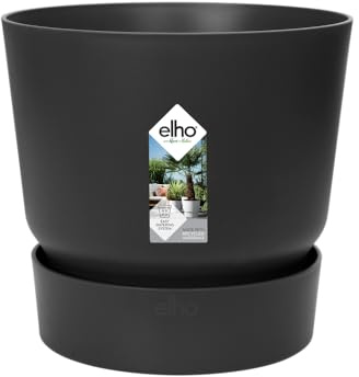 elho Greenville Round 14 - Flower Pot with Integrated Water Reservoir - Indoor & Outdoor - 100% Recycled Plastic - Ø 14.0 x H 13.4 cm - Black/Living Black