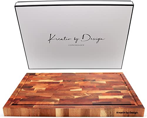 KREATIV BY DESIGN Grain Acacia Wooden Chopping Board 42 x 27.4 x 3cm with Juice Groove | Large Thick End Knife-Friendly Butchers Block | Wood Chopping Board for Meat, Cutting Vegetables and Cheese