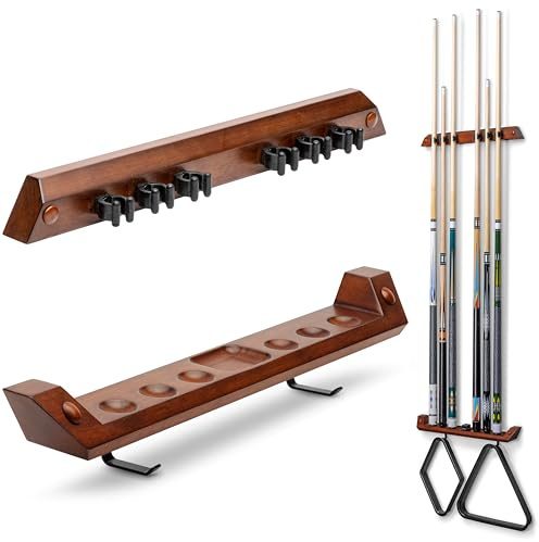 GoSports Support mural pour queue de billard - Peut contenir 6 queues de billard et 2 supports triangulaires - Marron