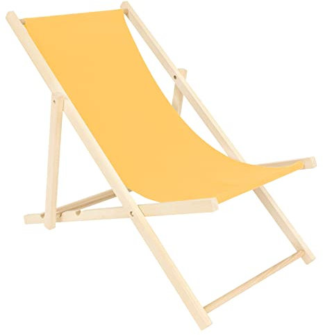 specwood Strandliege Klappbar Leicht - 119x58 cm - Liegestuhl klappbar Holz für Garten, Balkon - Sonnenliege Holz wetterfest - Klappliegestuhl aus Buche mit Baumwollstoff - Strandstuhl Faltbar - Gelb