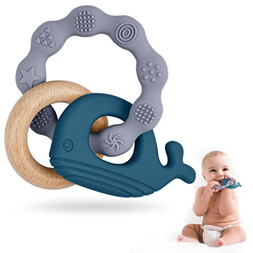 Vicloon Beißring für Babys, Beißring Spielzeug aus Silikon und Holzringe, Baby Zahnungshilfe BPA-frei, Schmerzlindernde Zahnen Nursing Zubehör für ab 3 Monaten Babys(Wal Blau)