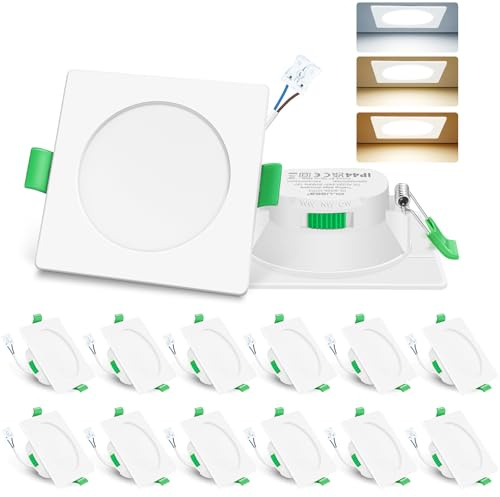 ALUSSO LED Recessed Ceiling Lights 230V 7W Ultra Flat Dimmable Downlights IP44 Spotlights for Bathroom, 3000K Warm White 4000K Neutral White 6500K Cool White Adjustable, 12Pack Square White