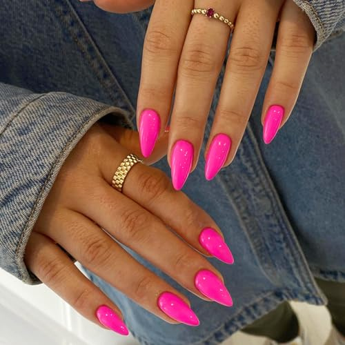Hot Pink Press On Almond Shaped 48pcs Neutral Thick Fake Nails - Medium Neon Almond Reusable Acrylic Glue On Medium Length Stiletto False Gel Artificial Nails