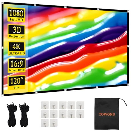 TOWOND Projector Screen 120 inch, Wrinkle-Free and Foldable Projection Screen 16:9 HD 4K Portable Movies Screen for Home Theater Outdoor Indoor Support Double Sided Projection