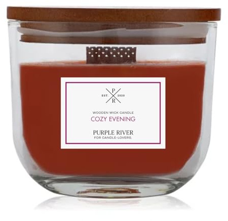 Purple River Candle Duftkerze im Glas mit Deckel | Cozy Evening | Duftkerze Jasmin | Duftkerze Holzdocht | Kerze im Glas | Raumduft für Zuhause (370g)