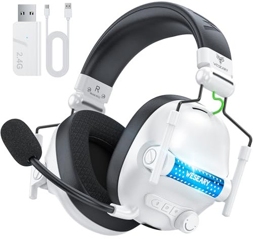 WESEARY WG2 Cascos Gaming Inalambricos, Auriculares Gaming Inalambricos de 2.4G para PS5, PS4, PC, Switch, Sonido Estéreo Auriculares con Microfono, Cascos Gaming con Luz LED, Duración 50Hr+